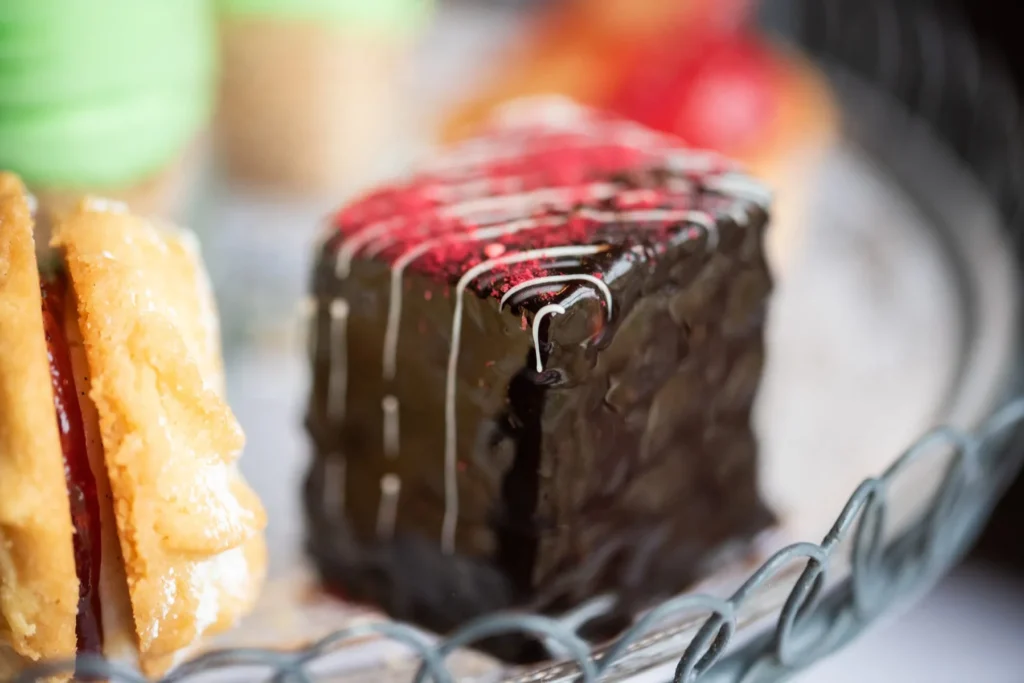 Close up of chocolate cake as part of Congham Hall luxury afternoon tea